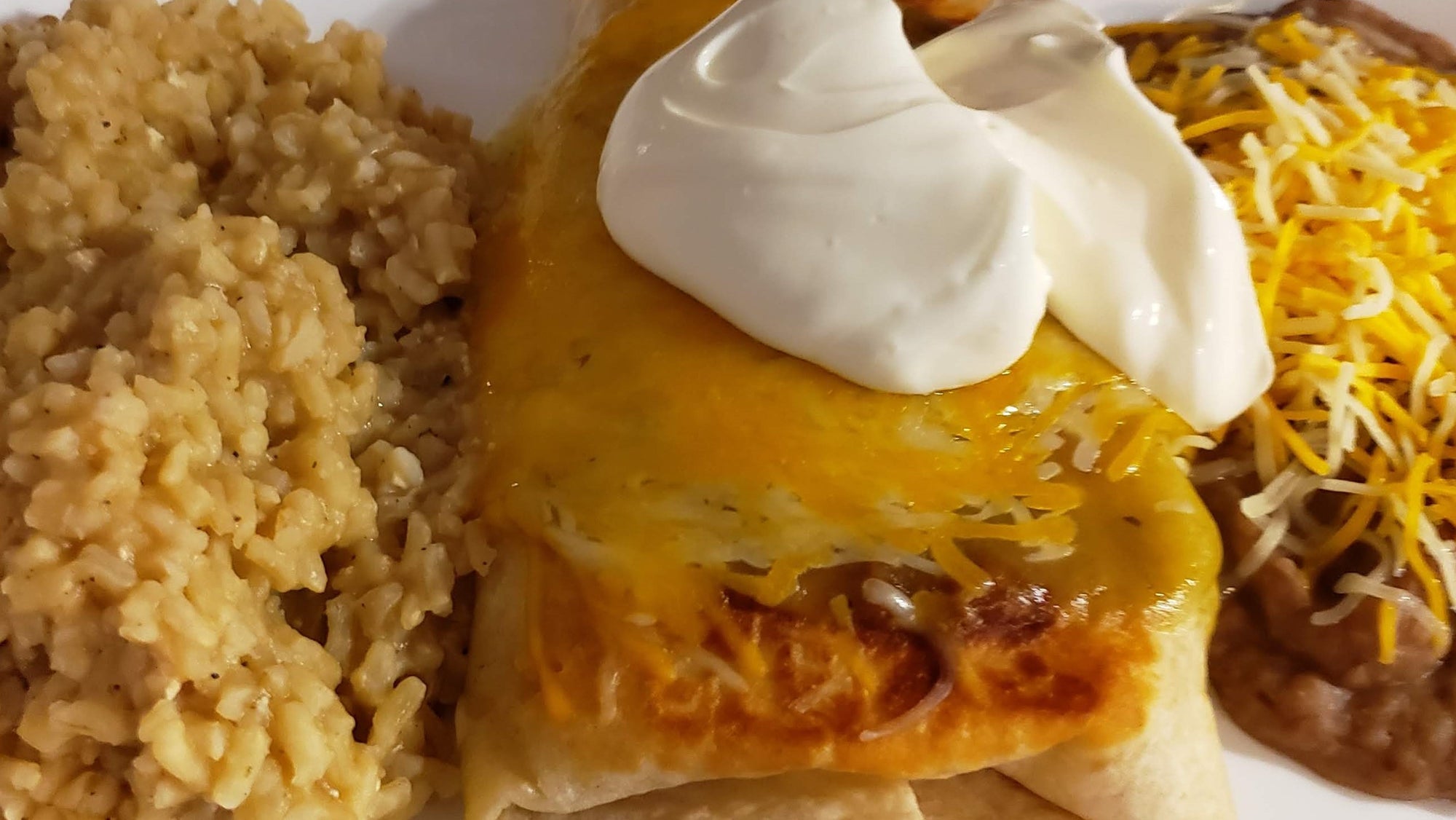 Creamy Chicken Chimichangas with Yellow Pea Rice & Pinto Beans