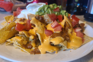 Cheesy Chorizo bean nachos